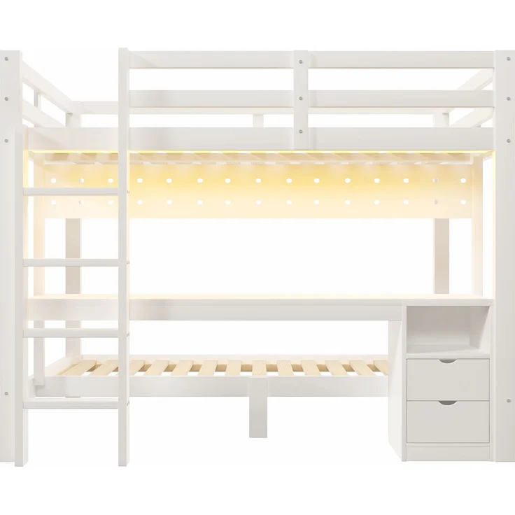Merax Etagenbett, Hochbett, Kinderbett 90x200 cm & 140x200 cm, mit Schubladen und Schreibtisch, ausgestattet, inklusive LED-Lichtleiste, (Keine Stühle), Weiß – Bild 8