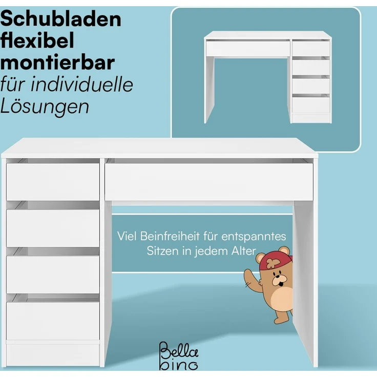 Bellabino 'Nore' Kinderschreibtisch mit 5 Schubladen, beidseitig montierbar, weiß, 75x53x110 cm, Jugendschreibtisch mit Stauraum – Bild 4