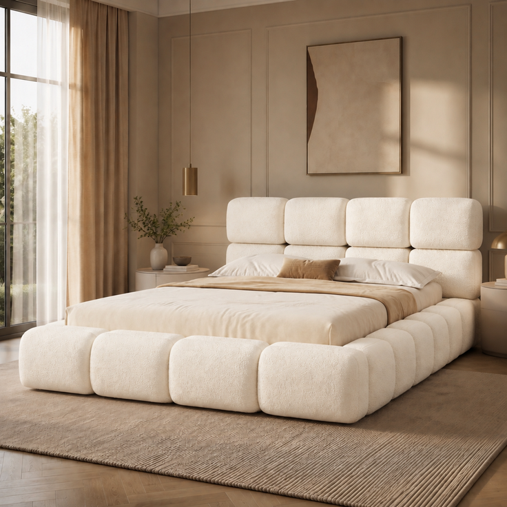 Gepolstertes Doppelbett, 180 x 200 cm, hydraulisch verstellbar, wolkenförmiges Bett, Stauraumbett, Bubble-Design, mit Lattenrost, Kopfteil und großem Stauraum, gepolstertes Kopfteil, weißer Schlingenveloursstoff. – Bild 2