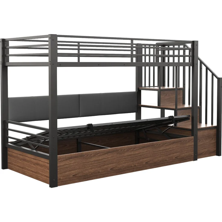 Merax Hochbett 90 x 200 cm, Etagenbett, Jugendbett, Weich gepolsterte Rückenlehne aus PU, Hydraulische Funktion, Sicherheitsleiter, Schwarz – Bild 8