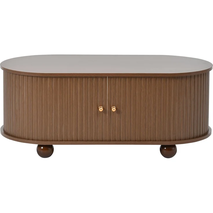 Ovaler Couchtisch aus MDF mit Stauraum und Schiebetür, 100x50x40 cm, Walnuss – Bild 6