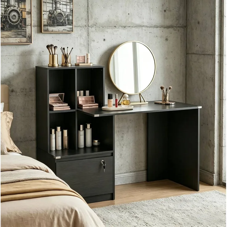 Computerschreibtisch mit 4 Fächern und abschließbarer Schublade, 126x50x109 cm, Schwarz