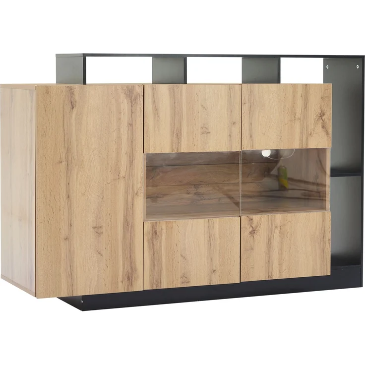 DESVIAE Sideboard mit LED-Beleuchtung 140x94x44 cm aus MDF und Acryl, Holzfarbe mit schwarzem Rahmen – Bild 8