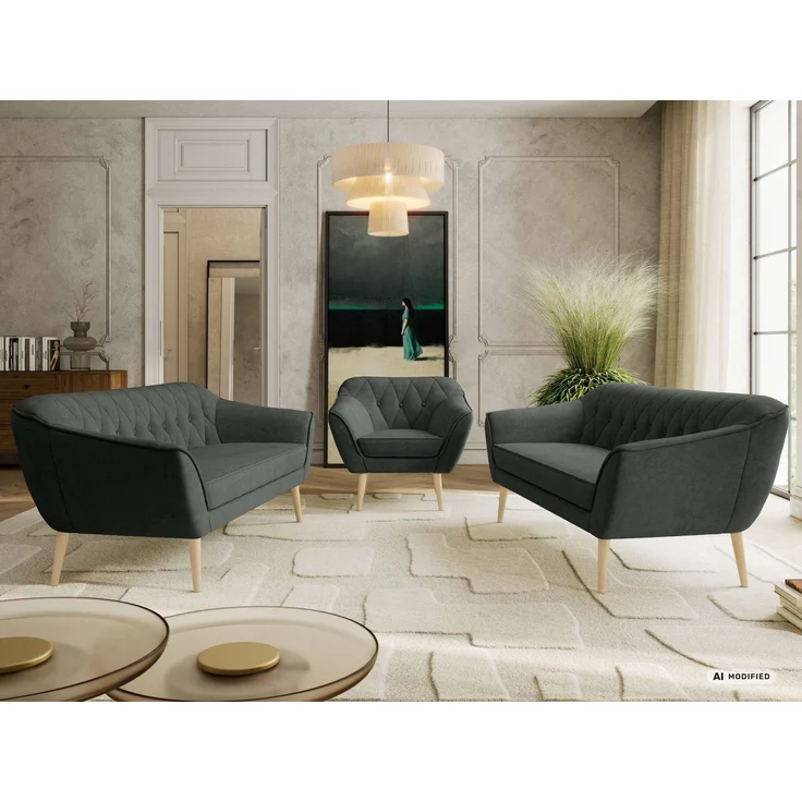Wohnzimmerset, Möbelset PIRS 3-3-1, Armlehnen, Wellenfederung, Buche Füße, Dreisitzer Sofas mit Sessel, Polstermöbel Set - Dunkelgrau Stukture – Bild 4