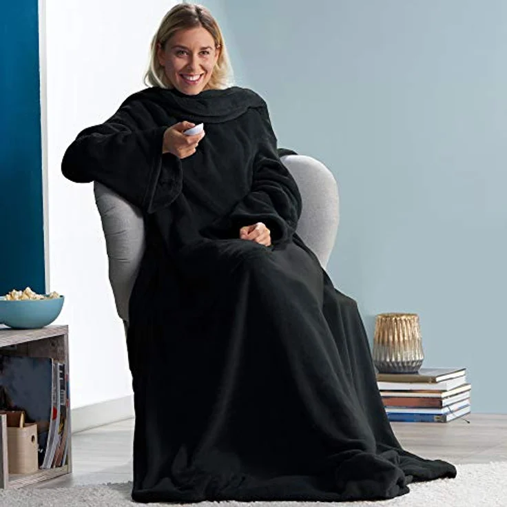 CelinaTex TV-Decke mit Ärmeln und Fußtasche Flauschige Kuscheldecke 150x180 cm schwarz Mikrofaser Fleece Soft Oeko-TEX – Bild 7