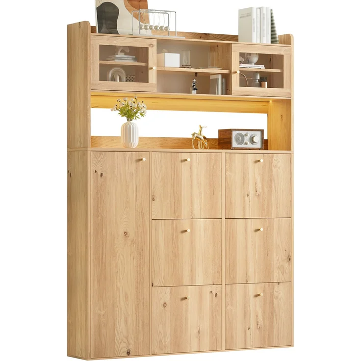 ZUBALIYA Schuhschrank (130 x 25 x 180 cm), 6 Klappfächer, LED - Beleuchtung, Stauraum für Flur und Eingangsbereich, Naturfarben – Bild 19