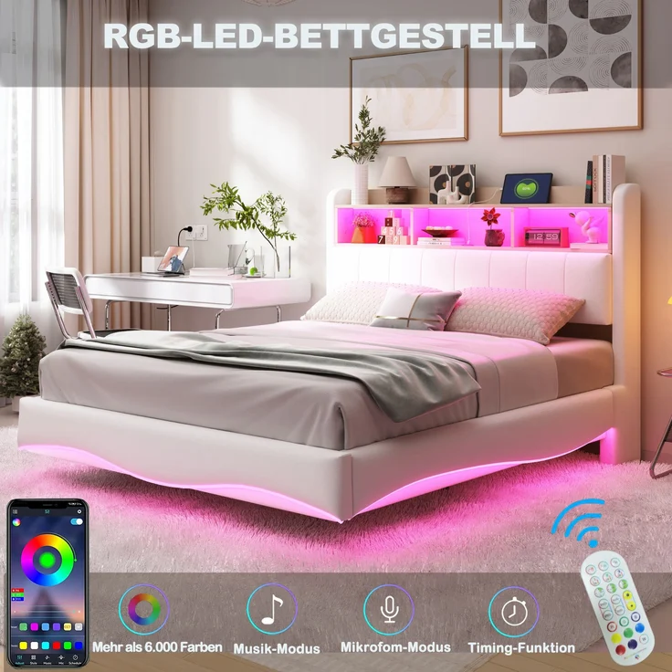 Beiges Schwebebett 140x200 cm Mit LED Beleuchtung Und USB Type C Anschlüssen Doppelbett Mit Stauraum Modernes Design 250 Kg Tragkraft – Bild 5