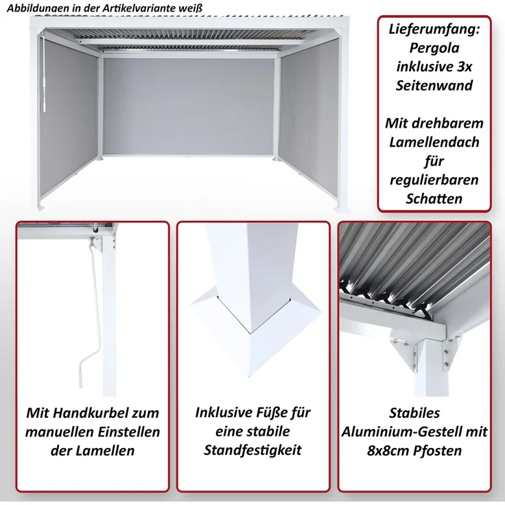 Mendler 'HWC-L41' Pergola mit 3 Seitenwände, Metall weiß, 3x3,7 m – Bild 2