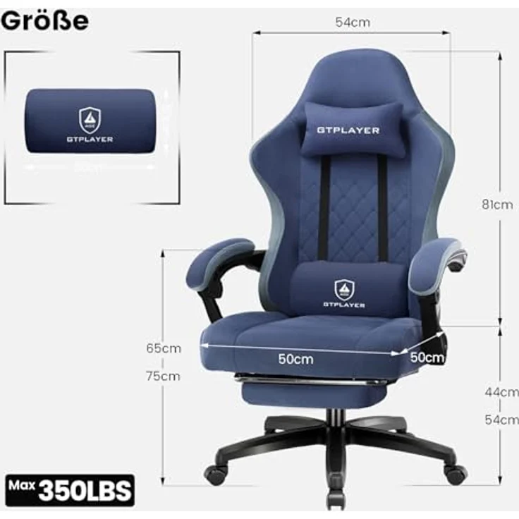 GTPLAYER Gaming Stuhl Stoff, Gaming Sessel mit Taschenfederkissen, ergonomischer Drehstuhl, Gamer Stuhl mit Fußstütze150 kg Belastbarkeit, dunkelblau – Bild 3