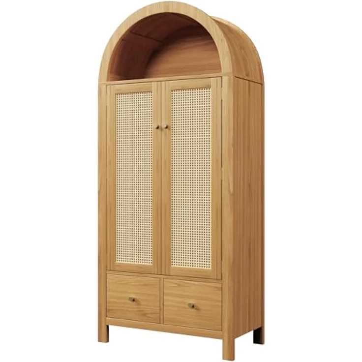 Arcus Gewölbter Kleiderschrank mit Rattan-Türen, 3 Staubereichen, 2 Schubladen für Schlafzimmer & Eingangsbereich (Naturfarbe) – Bild 4