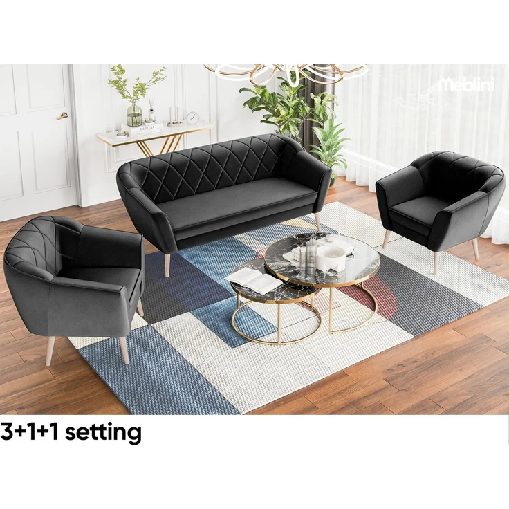 MEBLINI Sofa-Set GISELA 3+1+1 - Schwarz Samt - für Wohnzimmer - Mini Lounge für fünf Personen - Küchensofa - Sofa Klein - Sitzgarnitur - Polstergarnitur - Sofagarnituren – Bild 2