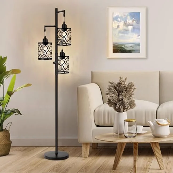 ROTTOGOON dimmbare 3-flammige Landhaus-Standleuchte 172cm - Industrielle Stehlampe mit 3x6W LED für Wohnzimmer, Schlafzimmer & Büro - Rustikale Stehleuchte, Schwarz – Bild 2
