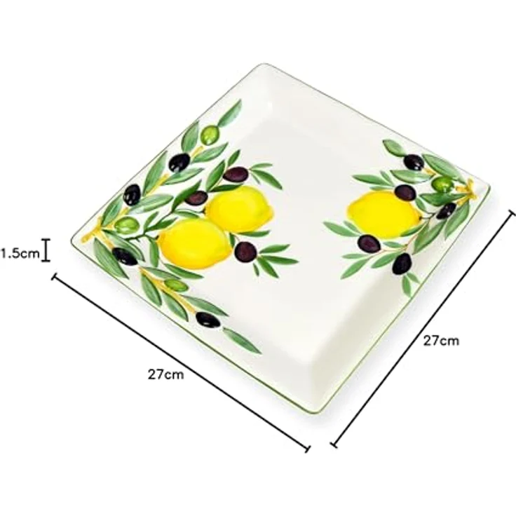 Lashuma Servierplatte Zitrone Olive, Keramik, (1-tlg, 27 x 27 cm), Quadratischer Obstteller mit Zitronen Oliven Design – Bild 10