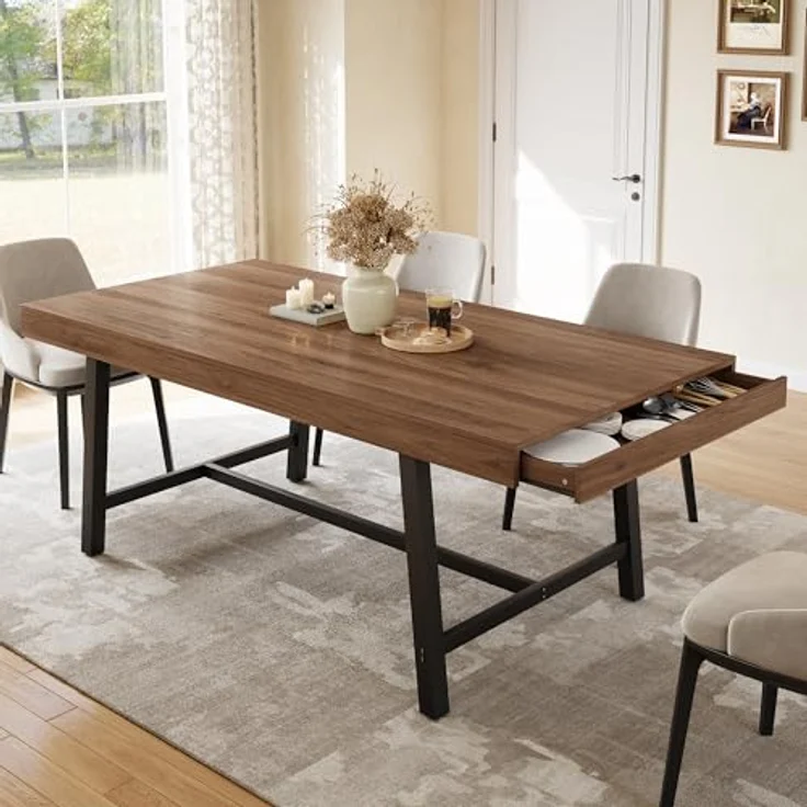 Jocoevol Esstisch, Langer Holz-Esstisch für 6–8 Personen mit 2 Schubladen, Stabiler Metallrahmen, Landhaus Küchentisch, 180 cm Langer Rechteckiger Esszimmertisch, Braun – Bild 7