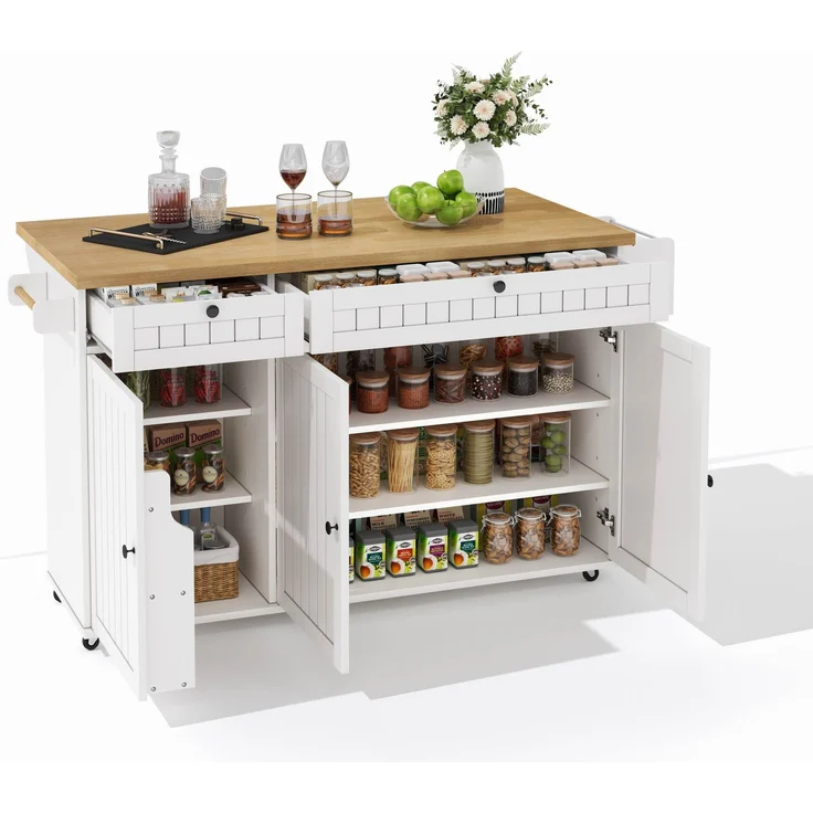 Küchenwagen 137×70×89,5 cm MDF klappbar Arbeitsfläche Schubladen Rollen Stauraum Küche Esszimmer,Weiß & Natur – Bild 9