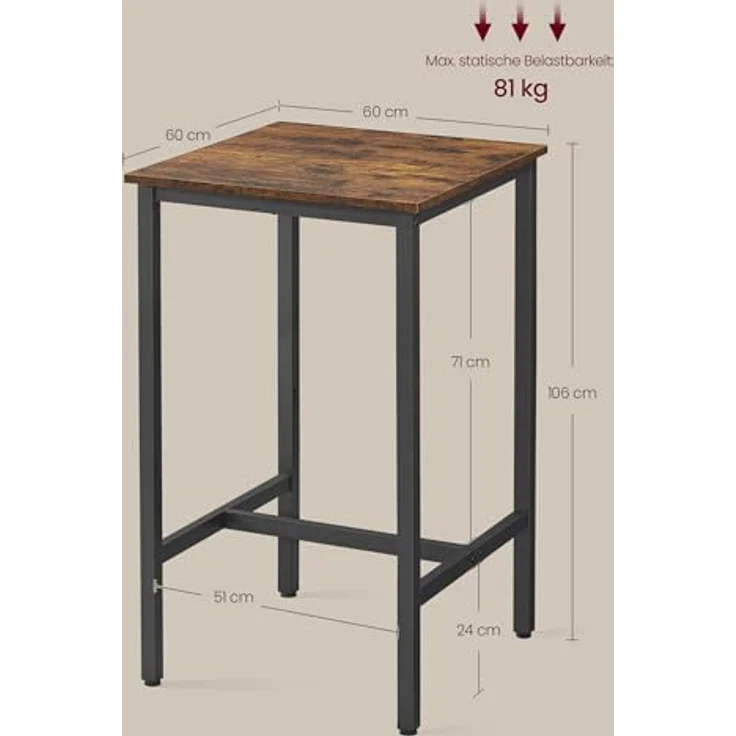 VASAGLE Bartisch, Stehtisch, Küchentisch, hoch, mit Stahlgestell, 60 x 60 x 106 cm, einfache Montage, für Küche, Wohnzimmer, Industrie-Design, vintagebraun-schwarz LBT035K01 – Bild 7