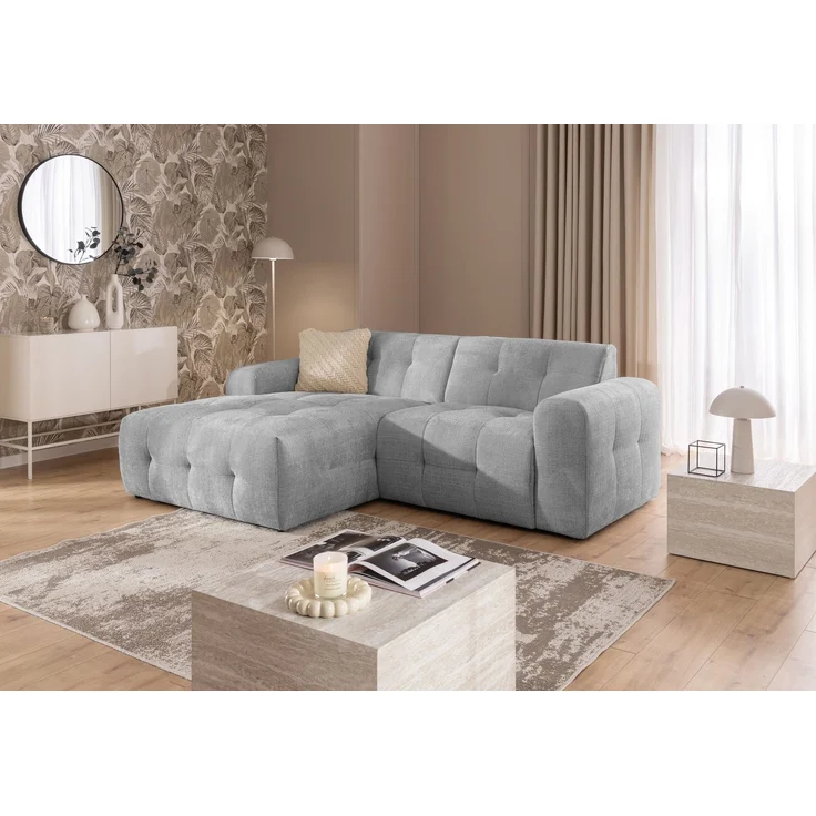 luma-home Modernes Ecksofa mit Ottomane links, markante Steppungen, Chenille in Hellgrau, 234 x 161 x 79cm – Bild 3