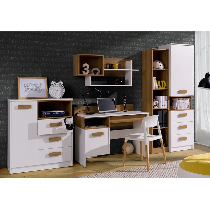 Marmex Möbel Grant Set-01B Jugendzimmer Komplett-Set 5-teilig mit Kommode, Schreibtisch, offenes Regal, geschlossenes Regal, Kinderzimmermöbel mit Schreibtisch, laminierte Spanplatte, weiß+riviera Eiche, 286x195x55 cm – Bild 7