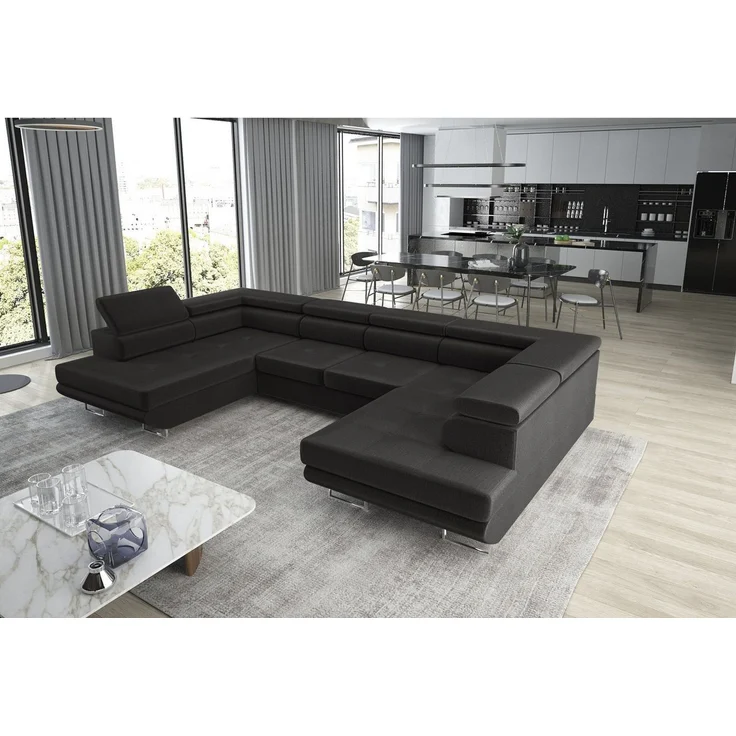 thematys Ecksofa Aston U 403 x 203 cm, mit Schlaffunktion, mit Bettkasten, mit verstellbaren Kopfstützen, Schwarz(Monolith 100), Ausrichtung 350 cm – Bild 3