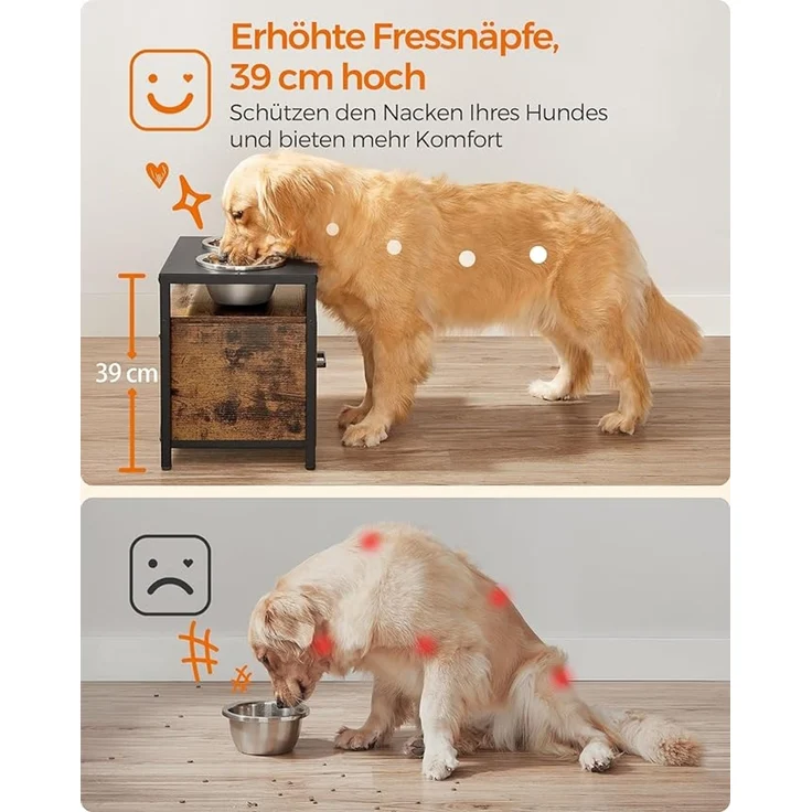 Feandrea Hundenapf erhöht, für große Hunde, Futternapf mit Gestell, erhöhter Fressnapf mit Schublade, Futterstation, 2 Schüsseln, 39 cm hoch, vintagebraun-schwarz – Bild 3