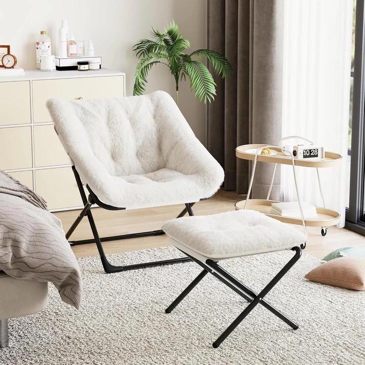 Sessel Klappbar Fußhocker Lesesessel Wohnzimmer Jugendliche Beige – Bild 7