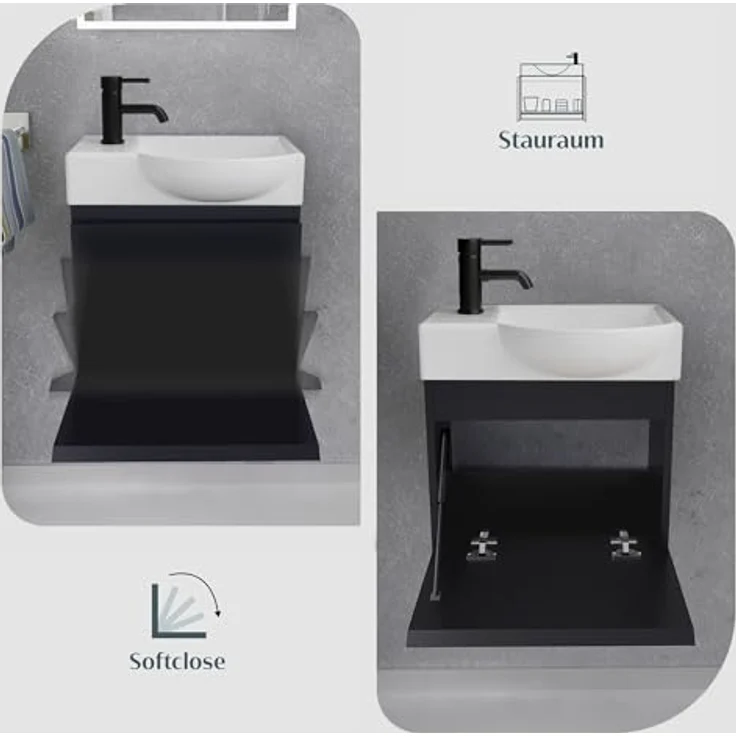 Alpenberger Badmöbel-Set - Gäste WC Waschbecken mit Unterschrank 45 cm Breit, (Badschrank 2-tlg, Waschtisch hängend), Waschbeckenunterschrank mit Softclose - Schwarz - Rechts Becken – Bild 5