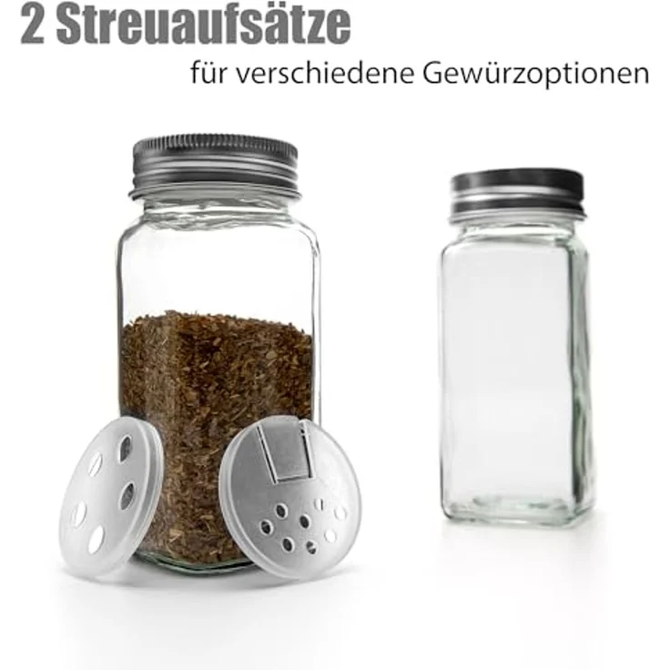 BigDean 12er Set Gewürzgläser eckig - luftdichte Gewürzdosen lebensmittelecht mit zwei Streueinsätzen - ideal für Gewürzaufbewahrung – Bild 5