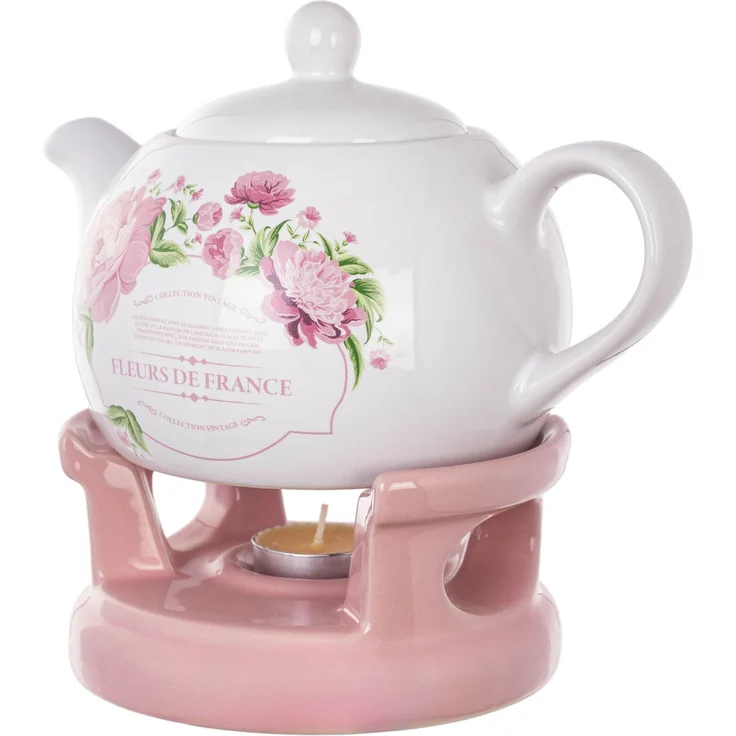 KADAX Teekanne 1L mit Stövchen Set, Kaffeekanne aus Porzellan mit Deckel, Griff und Teestövchen, Kanne mit Teelicht Wärmer für Tee, Teeservice (Rosa/Weiß, Ohne Tassen) – Bild 7