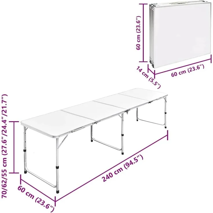 Campingtisch zusammenklappbar höhenverstellbar Aluminium 240 x 60 cm 41327 – Bild 2
