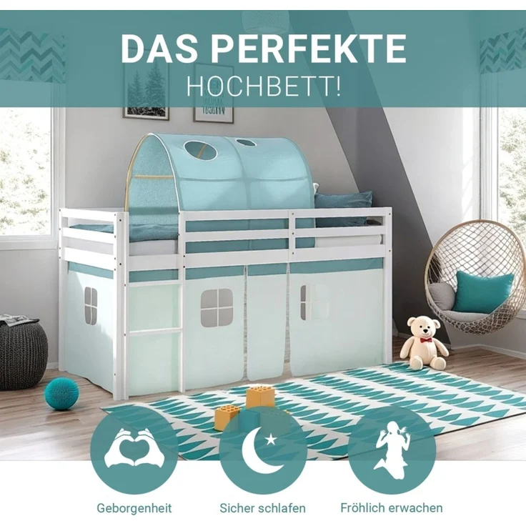 Hochbett Kinder 90x200 cm mit Matratze Kinderbett Kinderhochbett Stockbett Tunnel Vorhang Grün Mintgrün Holz Massiv Lattenrost – Bild 4