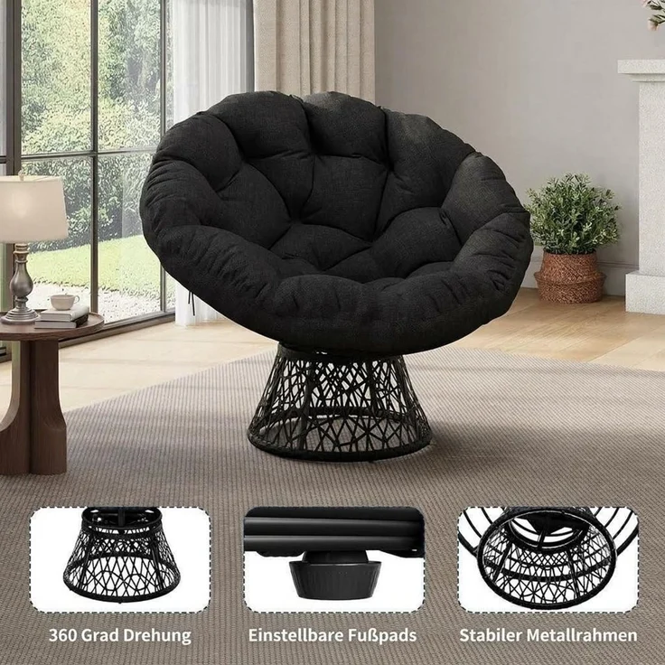 GarveeMore Relaxsessel gemütlicher Drehsessel Papasansessel Rattansessel Loungesessel, runder Relax Korbsessel Rattan Kissen Wohnzimmer,Leseecke,Lounge – Bild 3