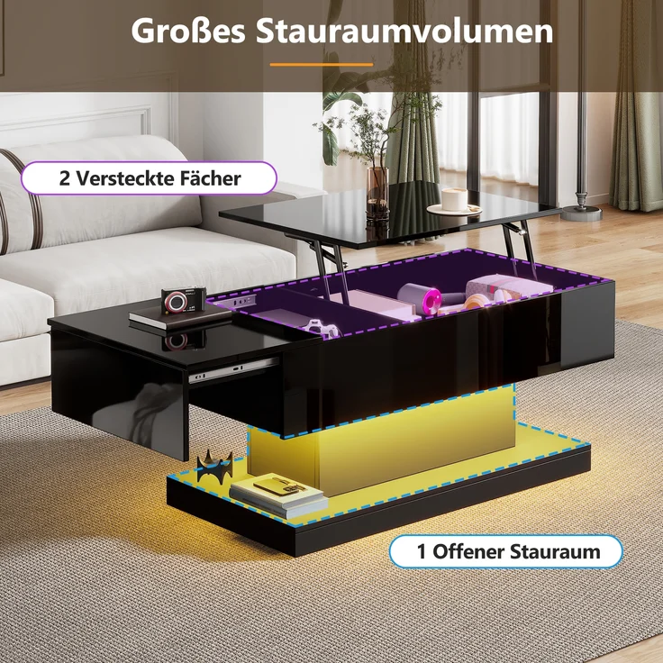Couchtisch, mit hydraulischem Höhenverstell-System, Stauraum & LED-Beleuchtung, 100x50x45 cm, Schwarz – Bild 5