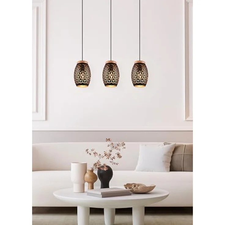 lightling Pendelleuchte Bill, 3-flammig, höhenverstellbar, mit Holzakzenten, schwarz-gold, 150 cm Höhe, 71 cm Breite, Deckenmontage – Bild 4