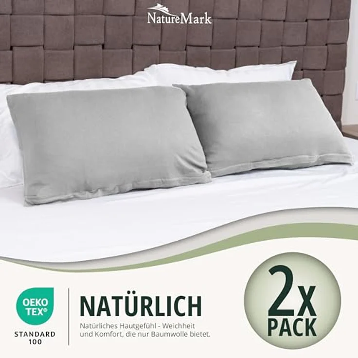 NatureMark 2er Pack Jersey Kissenbezug Kissenhülle Kissenbezüge Seitenschläferkissen Nackenkissen viele Größen und Farben ÖKO-TEX (40x60 cm (Nackenkissen geeignet), Silber grau) – Bild 7