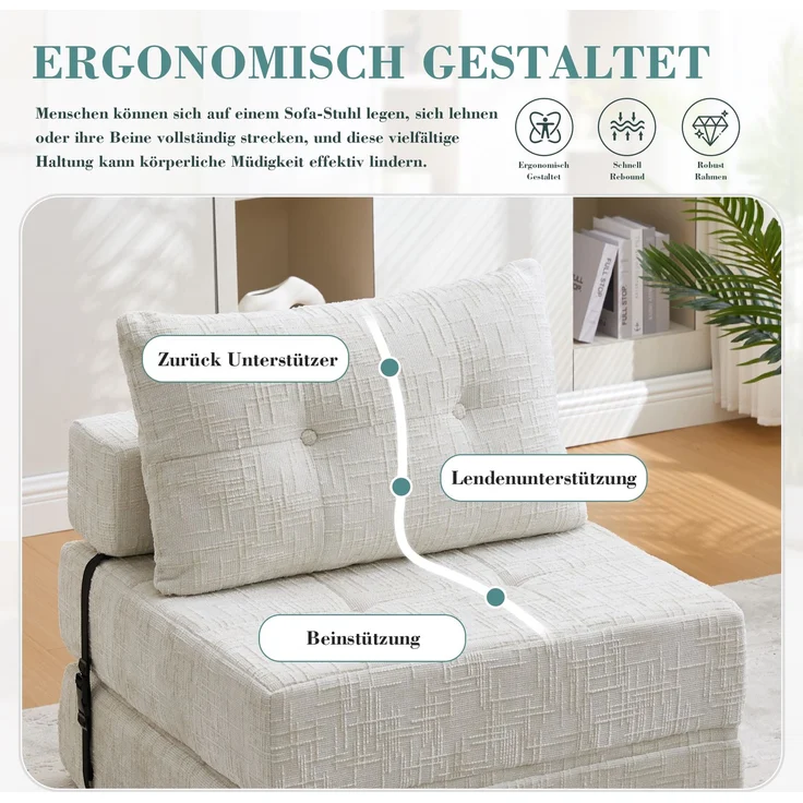 Klappsofa Bett mit Kopf- & Lendenkissen, multifunktionales Schlafsofa, 2-in-1 Faltsofa mit hochdichtem Schaumstoff,Beige – Bild 8