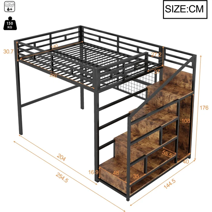 EINHOM Hochbett, 140 x 200 cm, Eisenrahmen, Kleiderschrank, Stauraumleiter, Gitter zum Aufhängen von Gegenständen, Freifläche unter dem Bett, 7-farbige LED-Leuchten, Schwarz (Ohne Matratze) – Bild 2