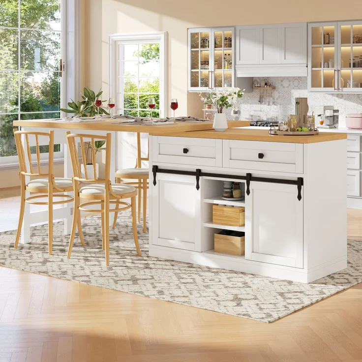 Esstisch, erweiterbar, B 120–197 x T 40 x H 72 cm, 360° drehbare Tischplatten, Weiß und Holzoptik – Bild 1