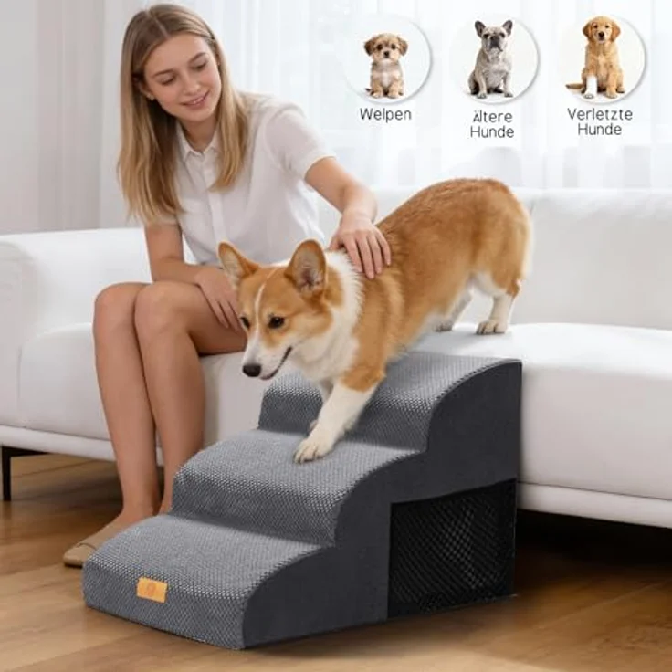 HEVOL Hundetreppe mit 3 Stufen – Hochwertige Schwamm-Hundetreppe für kleine Hunde, tragbare Haustiertreppe und Katzentreppe mit waschbarem Bezug für Sofa und Bett. Inklusive 1 Fusselrolle – Bild 7