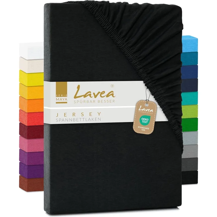 Jersey Spannbettlaken, Spannbetttuch, Lavea Serie Maya, 180x200 cm | 200x200 cm, Schwarz, 100% Baumwolle, hochwertige Verarbeitung, mit Gummizug