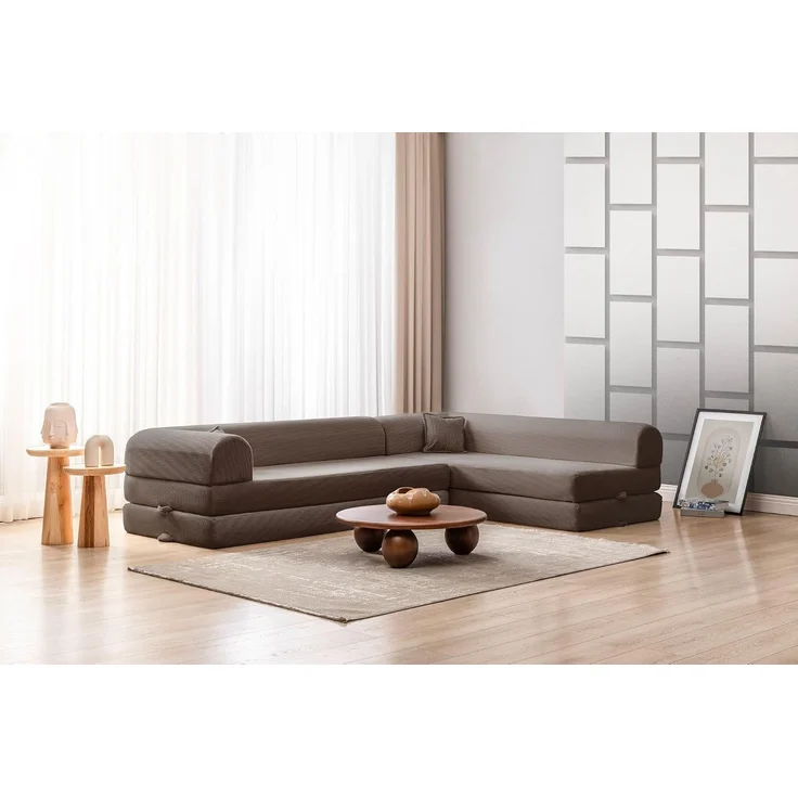 Ecksofa mit Schlaffunktion, 280 cm, Braun, 100% Gerippter Plüschstoff | 28 DNS Flexi-Schaumstoffkern, Abnehmbarer Bezug, 4 Kissen | Pfotenfreundlich & rutschfest – Bild 2