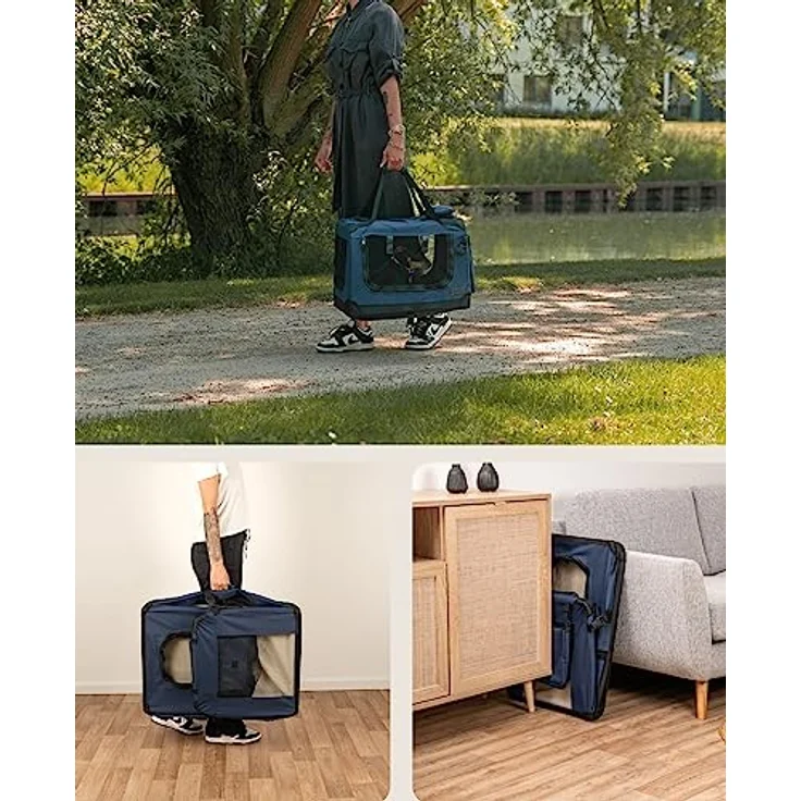 lionto Hundetransportbox, Faltbar, für Reise & Auto, 60x42x44 cm, Blau | Stabile Hundebox aus Stoff mit Netzfenstern, Tragegriffen, weicher Decke & Taschen, für Katzen & Hunde bis 12 kg geeignet – Bild 3