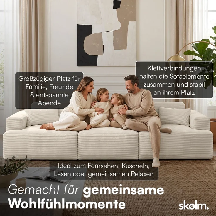 skølm 'Freki' Cloud Sofa 3 Sitzer, Vollschaumcouch mit Federkern und Vakuum-Kompression, kein Aufbau erforderlich, mit 3 Kissen, Cord beige – Bild 4
