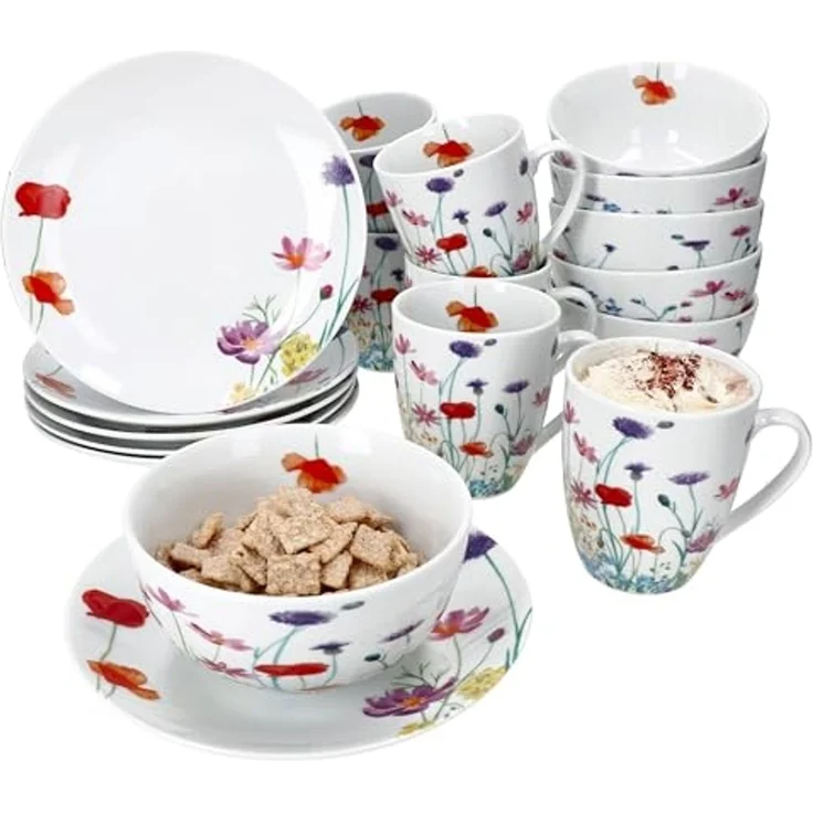 MamboCat Frühstücks-Geschirrset 12tlg Frühstücksset Marie Porzellan 6 Personen Teller Becher Schale, Porzellan – Bild 1