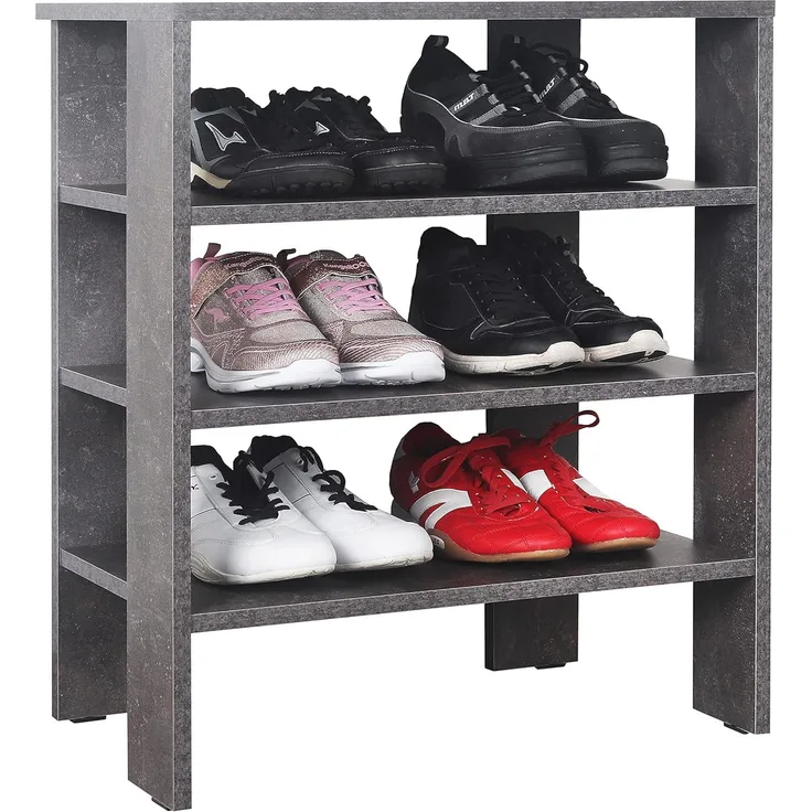 RICOO Schuhregal schmal und hoch 70 x 55 x 32 cm Standregal Pressholz Betonoptik Grau WM039-BG, Schuhständer mit 3 Ebenen, Schuhschrank offen, Schuhablagen Flur Shoe Rack, Schuhablage klein, Schuhregale