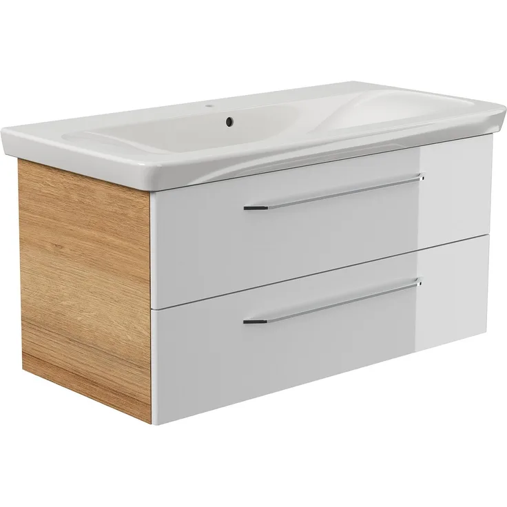 FACKELMANN MILANO Waschbecken mit Unterschrank 107 cm breit, Weiß/Braun hell, Waschbecken Keramik Weiß