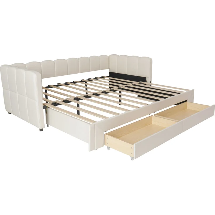 CHICFURN Bett aus Leinen Beige 90/180x200 cm mit 2 Schubladen und USB- und Type-C-Anschlüssen – Bild 8