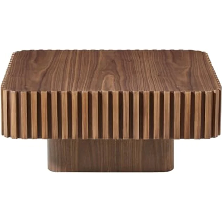 Square Fluted Coffee Table, Modern Ribbed Center Table with Solid Wood Stripe Accent, MDF with Wood Veneer Construction, Contemporary Accent Table for Living Room, Bedroom, and Office (Walnut Color) – Bild 1