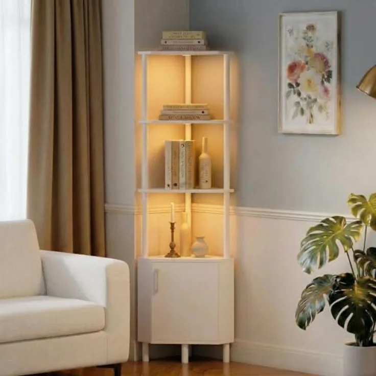 GarveeHome Platzsparendes Eckregal mit LED-Beleuchtung – 5-stufiges industrielles Bücherregal mit Türen – Stabiles Aufbewahrungsregal für Wohnzimmer oder Küche – Vielseitig einsetzbar, 140 cm hoch –