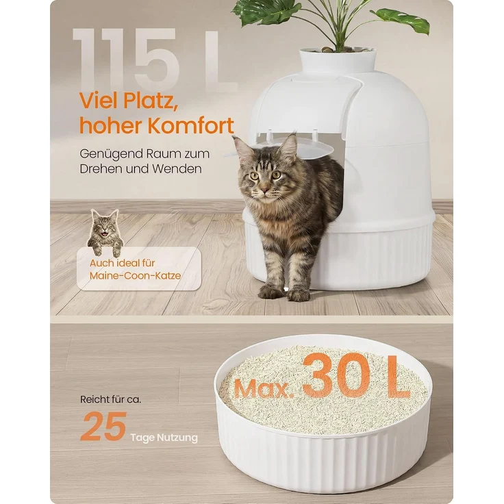 FEANDREA Katzentoilette mit Tür, Blumentopf, verstecktes Katzenklo für Wohnzimmer, mit Filter, weiß – Bild 3