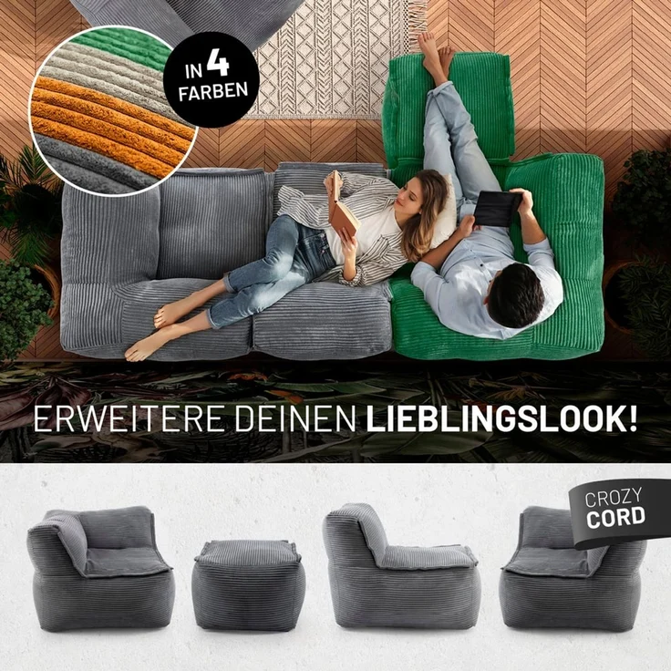 Lumaland Modular Sessel - Cord-Reihe | Indoor Sitzsack mit Softer Struktur, ideal Modulen | Bean Bag für Wohnzimmer & Co. - 96 x 72 x 70 cm – Bild 8